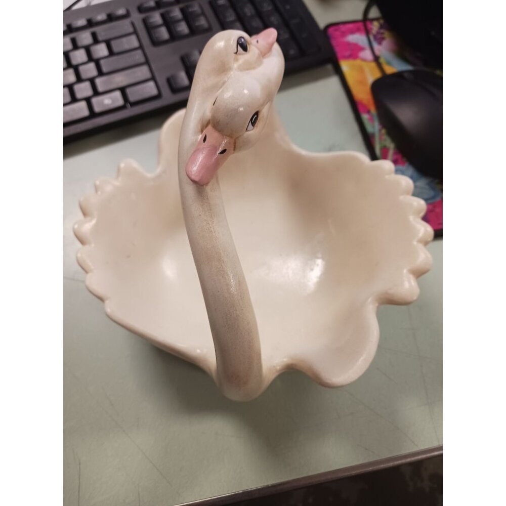 Porcelain Double Swan Trinket Dish Jewelry Holder